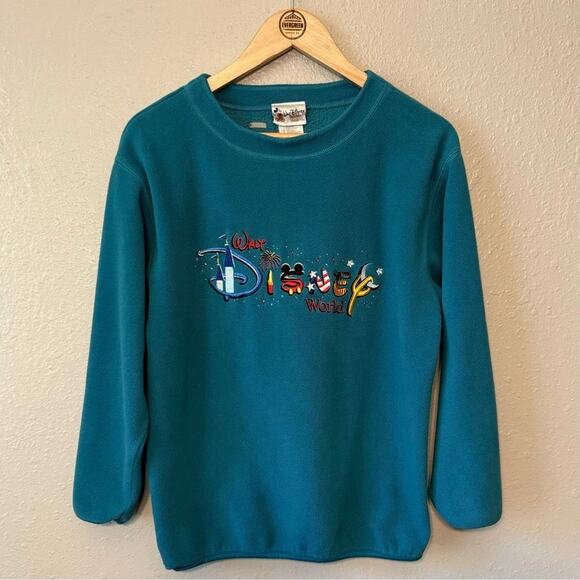 Walt Disney World VTG 1990s Y2K Embroidered Teal Fleece Pullover Sz Unisex Small - Picture 2 of 9